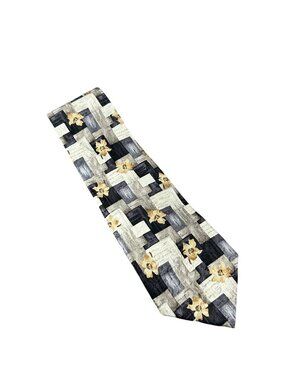 Pierre Cardin One Size Gold Floral Geometric 100% Silk Mens Tie Retro Vintage